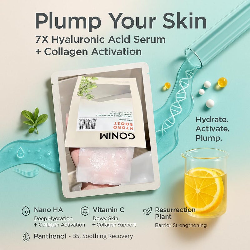 GONIM Face Mask Korean Skin Care with Hyaluronic Acid Serum & Collagen Activation, Hydrating Face Masks Skincare with Vitamin C, Moisturizing Sheet Mask for All Skin, Korean Face Mask 10 Sheets - Image 3